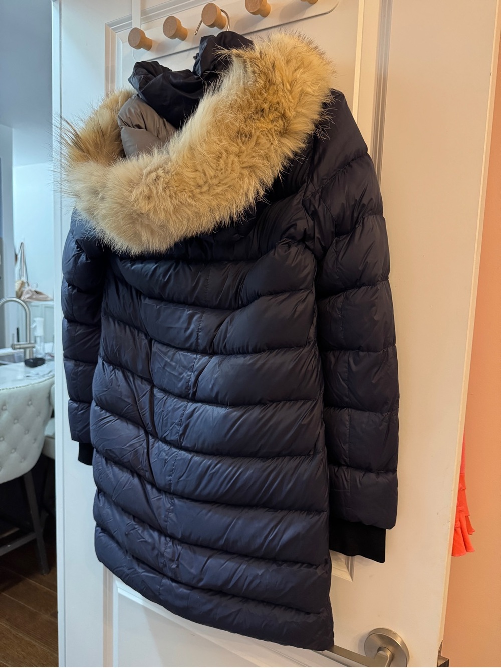 Soia & Kyo Navy Quilted Lightweight Down Puffer with real Fur Hood Trim